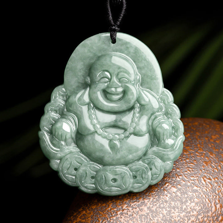 Buddha Stones Buddha che ride Collana con ciondolo in giada naturale con moneta di rame e abbondanza