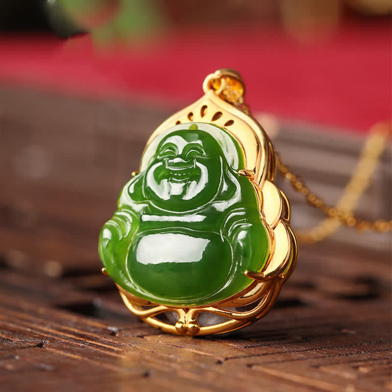 Collana con ciondolo a forma di Buddha che ride in argento sterling 925, giada ciano naturale di Hetian, oro 18 carati, catena di guarigione - image 6