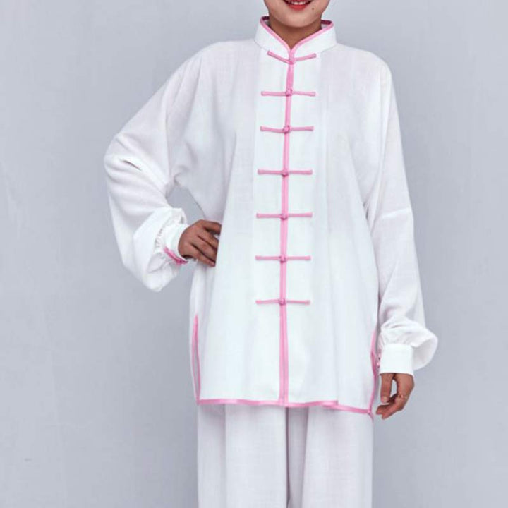Buddha Stones Meditazione Zen Preghiera Spirituale Tai Chi Qigong Pratica Unisex Ricamo Abbigliamento Set - Maglia a maniche lunghe bianca con bordo rosa - US12, UK/AU16, EU44 (2XL) - image 14
