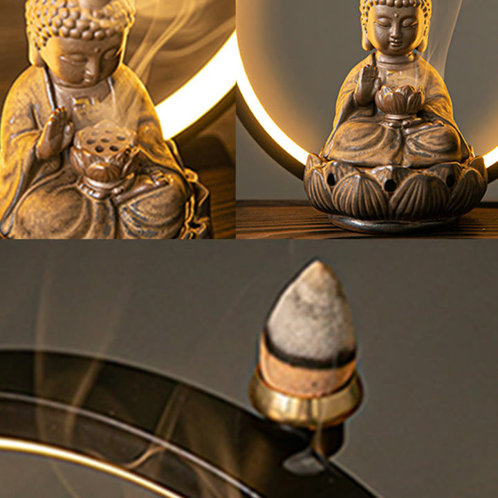 Buddha Stones Buddha Lotus Fontana di fumo a riflusso Bruciatore di incenso di benedizione in ceramica con decorazione luminosa