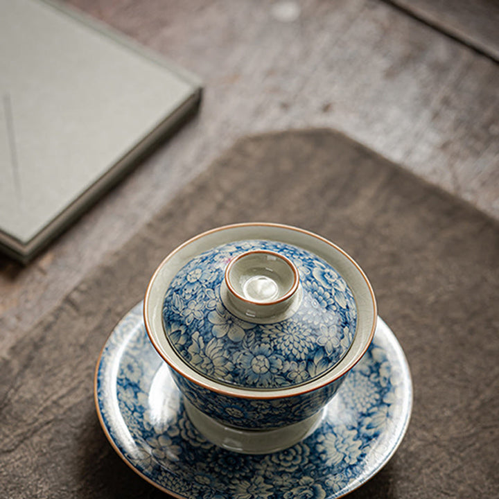 Buddha Stones Vintage Blu e Bianco Porcellana Fiore di Pesco Loto Peonia Ceramica Gaiwan Sancai Tazza da Tè Kung Fu Tazza da Tè e Piattino con Coperchio - image 6