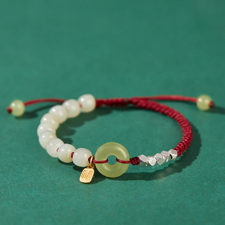 Braccialetto con ciondolo di fortuna e felicità con perline e fibbia della pace in giada Hetian in argento sterling 925 Buddha Stones