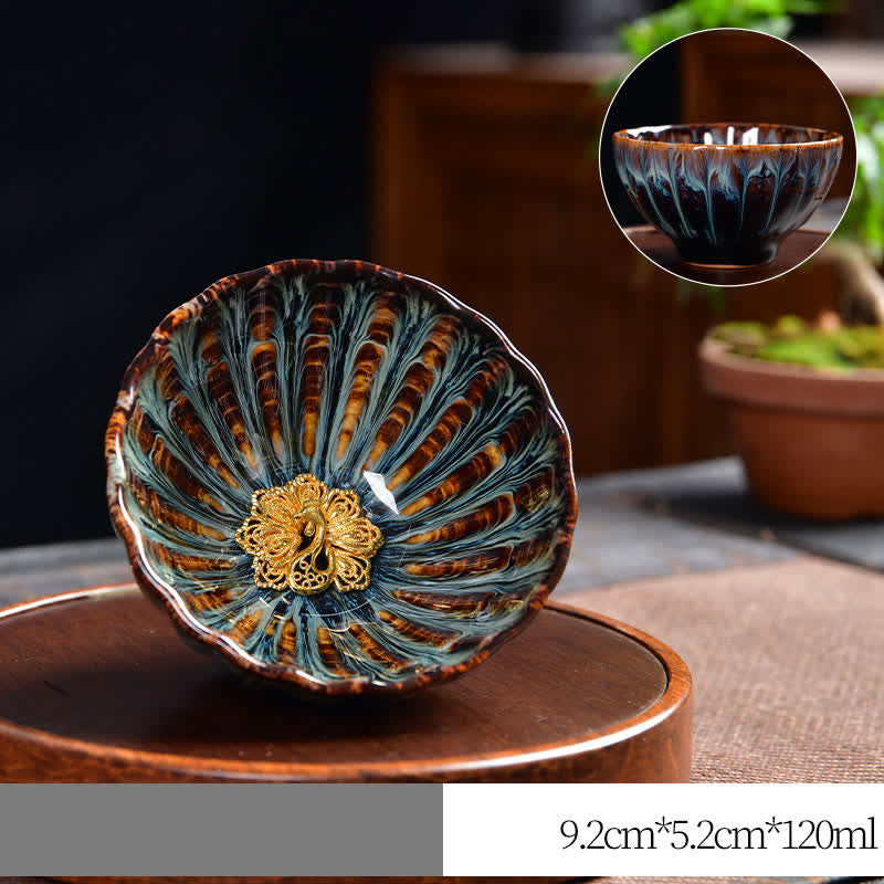 Buddha Stones Lotus Pavone Drago Fenice Koi Pesce Tazza da tè in ceramica Tazze da tè intarsiate 120ml