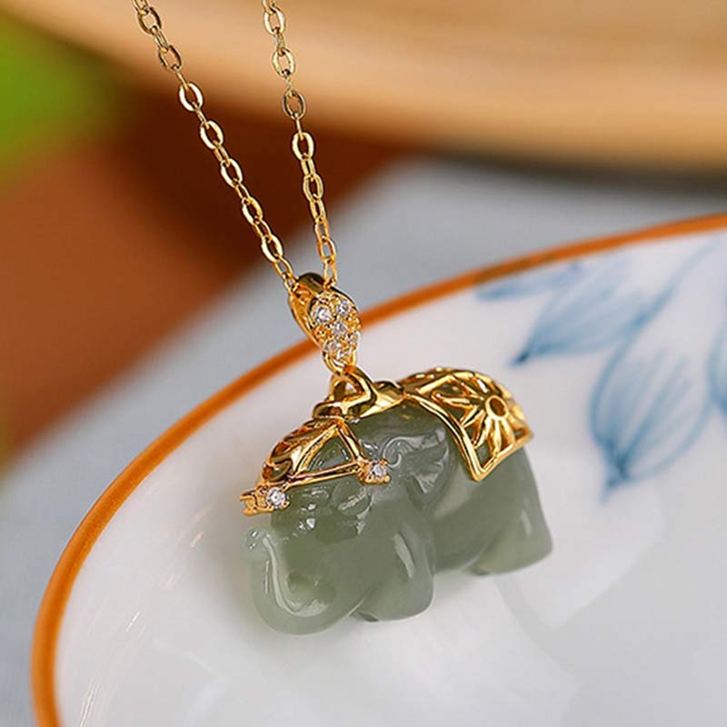 Collana con ciondolo a forma di elefante in argento sterling 925 con Buddha Stones e giada, benedizione e fortuna