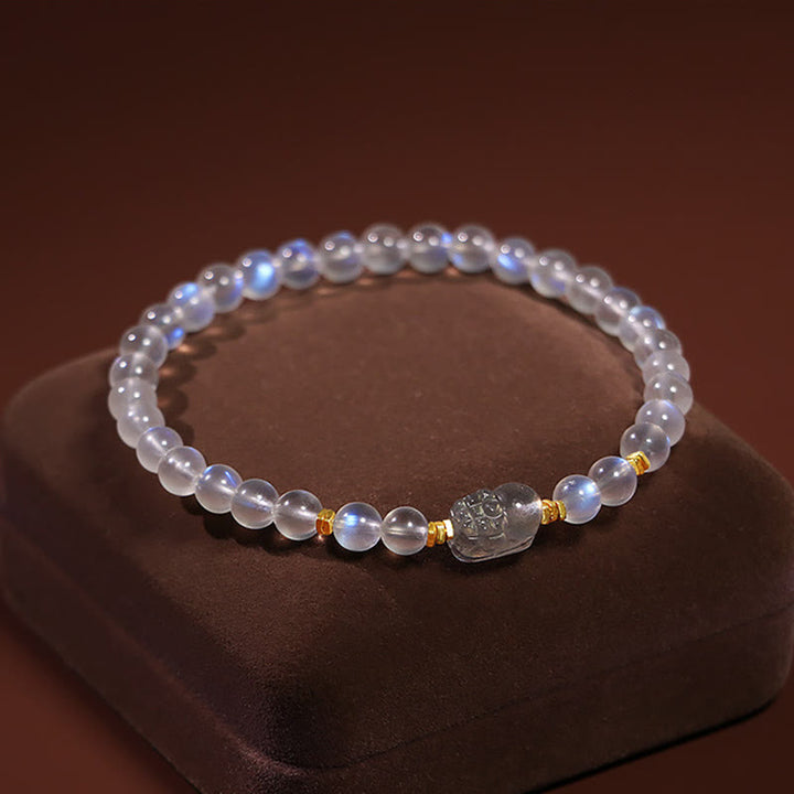 Braccialetto di guarigione PiXiu in pietra di luna naturale placcato oro in argento sterling 925 Buddha Stones