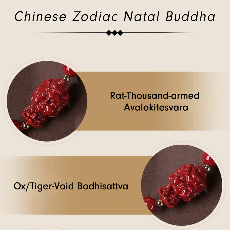 Buddha Stones Zodiaco cinese Buddha natale Cinabro Amuleto Benedizione Braccialetto di corda