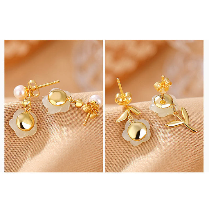 Orecchini Buddha Stones 925 Sterling Silver Placcato Oro Giada Rosa Fiore Ciano Giada Perla Fortuna