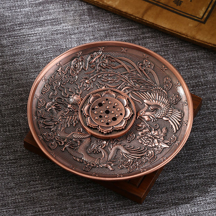 Buddha Stones, loto, drago, fenice, otto simboli di buon auspicio, porta incenso in lega di zinco, bruciatore di incenso curativo, decorazione
