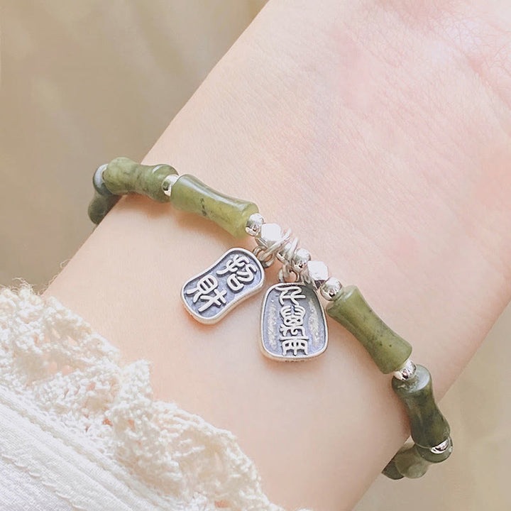Bracciale Buddha Stones 925 Sterling Silver Bamboo Jade Lucky Cat Fu Character Luck Abundance
