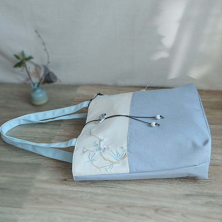 Borsa a tracolla grande capacità in tela con ricamo in bambù, prugna, fiore di pera, pesco