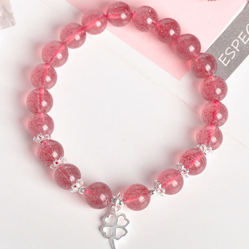 Bracciale Buddha Stones in argento sterling 925 con quarzo fragola e quadrifoglio, amore
