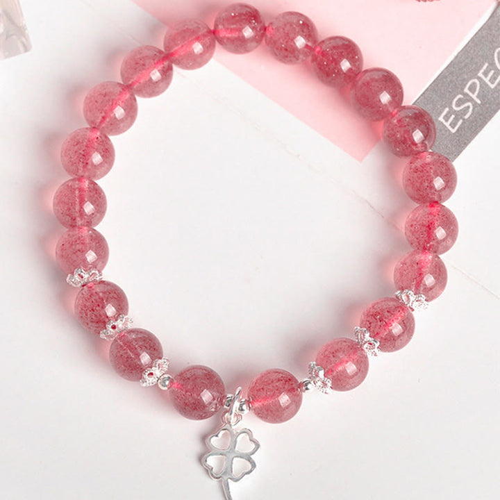 Bracciale Buddha Stones in argento sterling 925 con quarzo fragola e quadrifoglio, amore