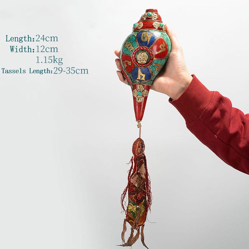 Shankha tibetano fatto a mano Om Mani Padme Hum Buddha Avalokitesvara Turchese Conchiglia Decorazione positiva - Om Mani Padme Hum 24*12cm - image 17