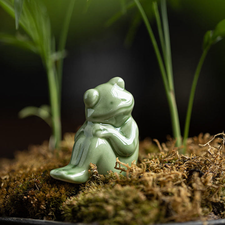 Buddha Stones Mini Piccolo Meditazione Loto Riposo Rana Ceramica Ricchezza Fortuna Casa Tè Animale Domestico Figurina Decorazione