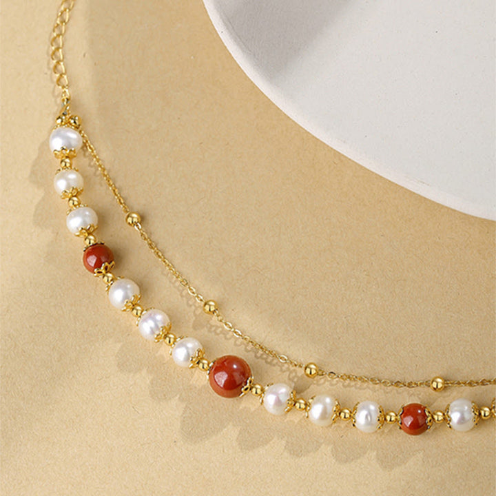 Bracciale a catena a doppio strato con perle di cinabro e argento sterling 925 Buddha Stones