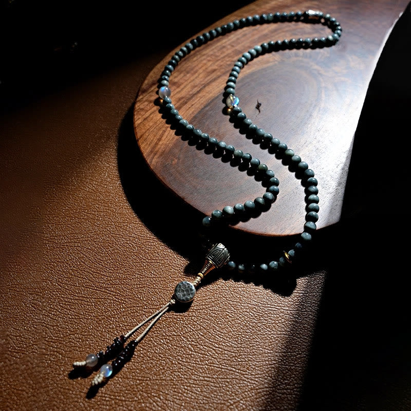 Buddha Stones Argento Sterling 925 108 Perline Mala Pietra Occhio d'Aquila Pietra di Luna Braccialetto Positivo
