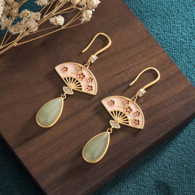 Orecchini pendenti con motivo a ventaglio in avventurina verde naturale Buddha Stones
