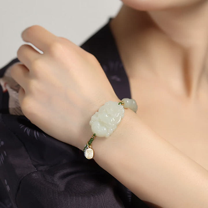 Braccialetto in argento sterling 925 con zodiaco cinese Hetian Jade Happiness Luck String