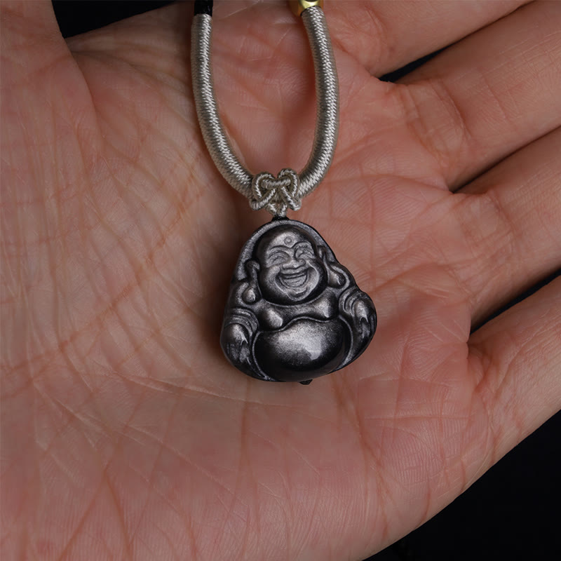 Collana con ciondolo di protezione Buddha che ride in ossidiana naturale con Buddha Stones in argento - image 7