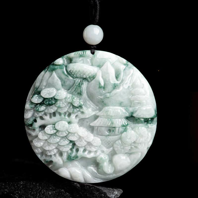 Collana con corda di abbondanza di giada con paesaggio montano Buddha Stones