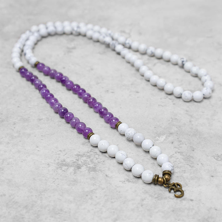 Buddha Stones 108 Mala Beads Ametista Bianco Turchese OM Braccialetto energetico per meditazione curativa