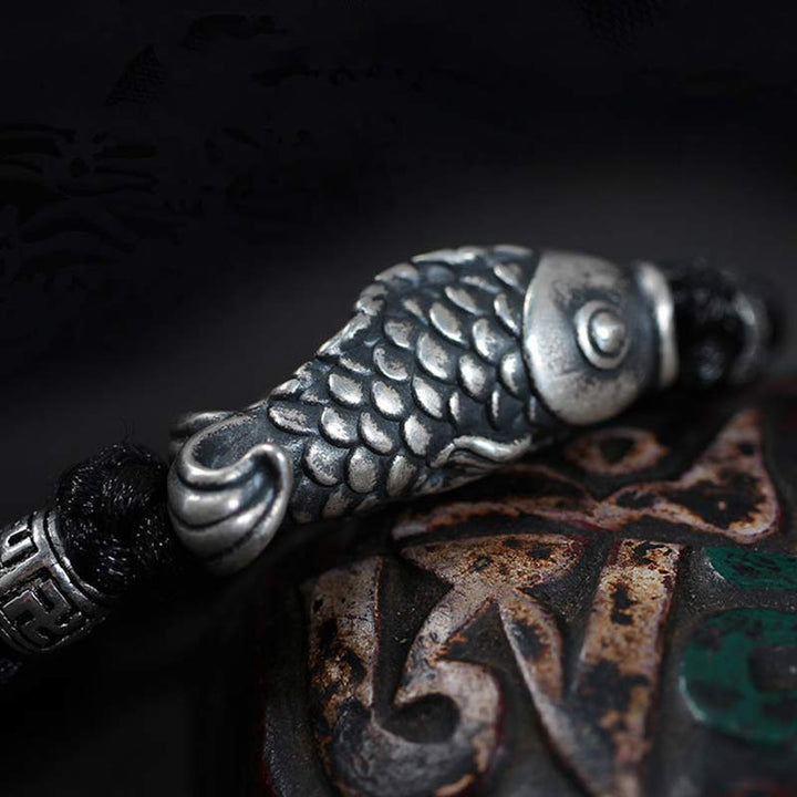 Braccialetto intrecciato con corda in argento Buddha Stones Luck Koi Fish