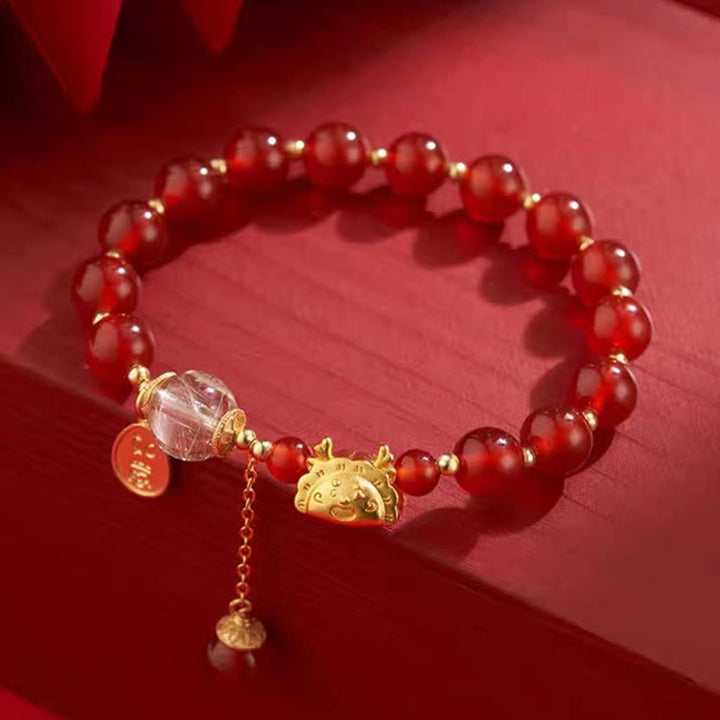 Buddha Stones Anno del Drago Gnocco Agata Rossa Naturale Granato Giada Hetian Fu Carattere Braccialetto Fortuna Successo