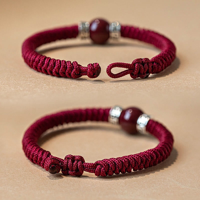 Braccialetto in corda intrecciata fatto a mano con perline di cinabro naturale in argento sterling 925 Buddha Stones