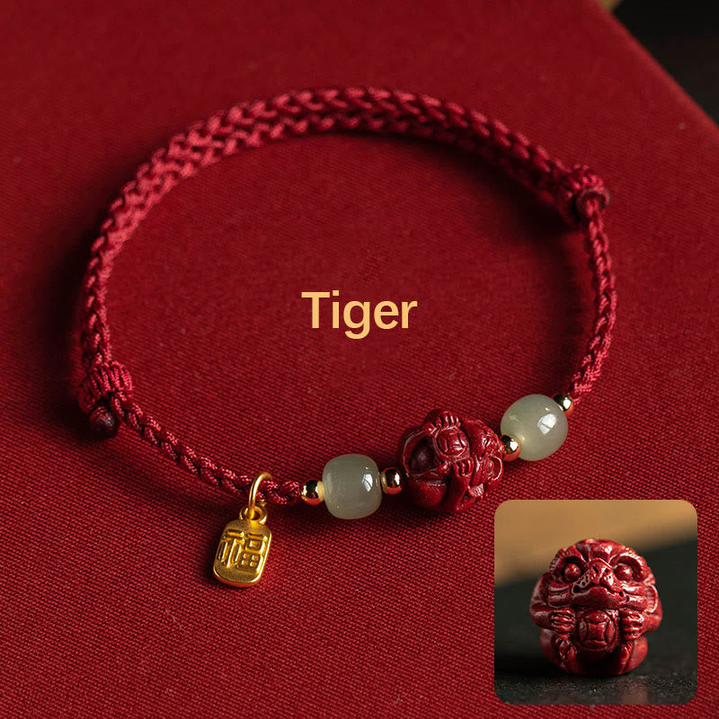 Buddha Stones , cinabro naturale, zodiaco cinese, giada Hetian, carattere Fu, braccialetto di corda della fortuna