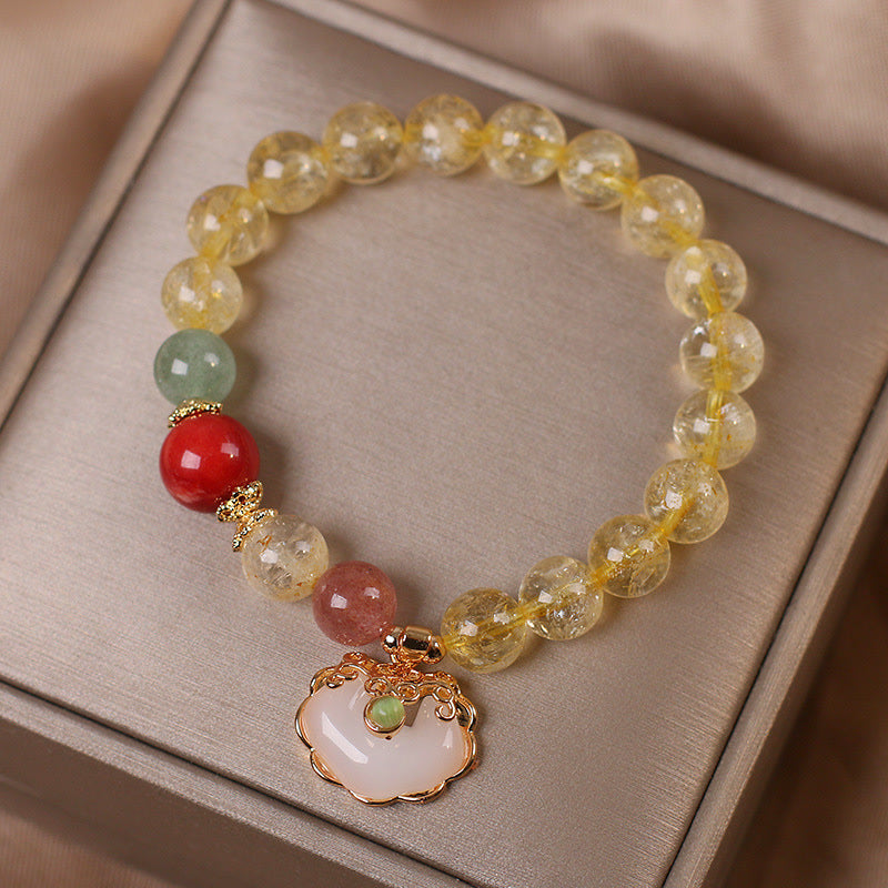 Buddha Stones Bracciale con ciondolo di protezione in giada bianca citrino naturale e quarzo fragola - image 3