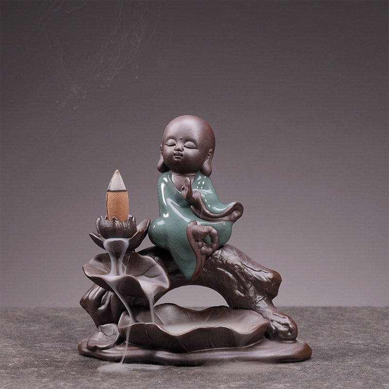 Buddha Stones Piccolo Monaco Ceramica Loto Benedizione Bruciatore Incenso Decorazione
