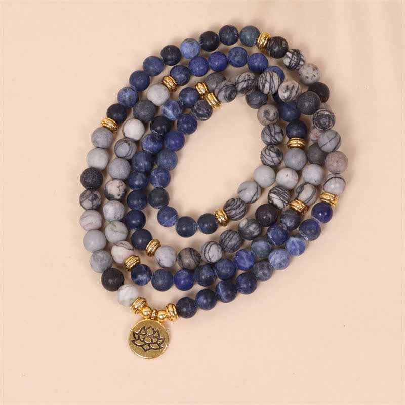 Buddha Stones 108 Mala Beads Sodalite Zebra Jasper Cristallo Lotus Strength Bracciale
