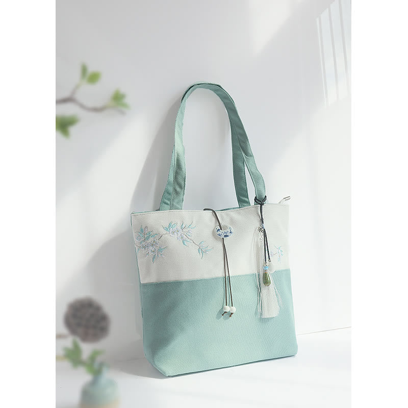 Borsa a tracolla grande capacità in tela con ricamo in bambù, prugna, fiore di pera, pesco