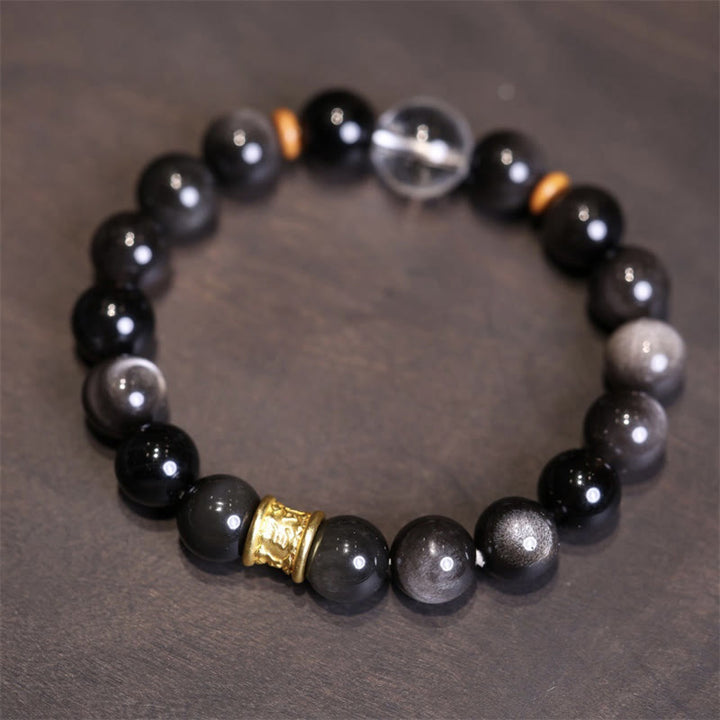 Braccialetto di protezione con perline di cristallo di ossidiana lucida in argento naturale Buddha Stones Om Mani Padme Hum