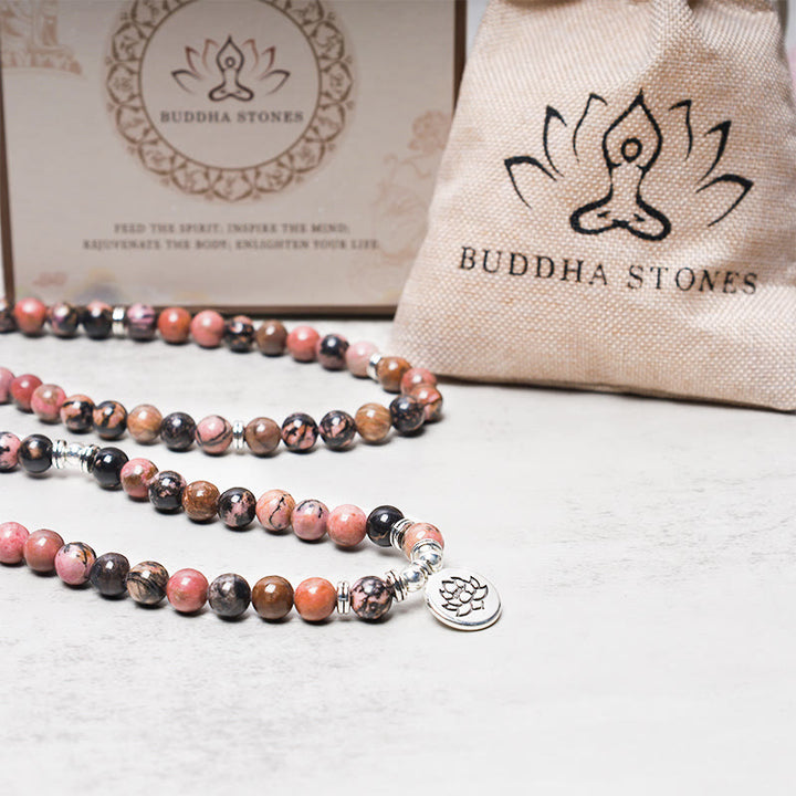 Buddha Stones 108 Mala Beads Rhodonite Lotus Compassion Energy Bracciale