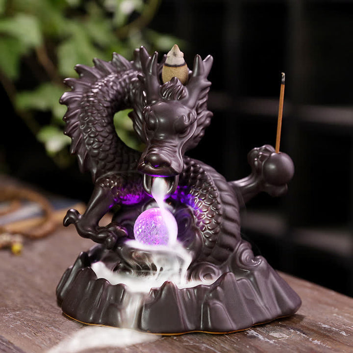 Buddha Stones Drago di buon auspicio Fontana di fumo a riflusso in ceramica Bruciatore di incenso di guarigione Meditazione Decorazione a sfera a LED
