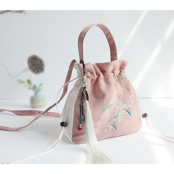 Borsa a tracolla in tela con fiori ricamati a mano con Buddha Stones