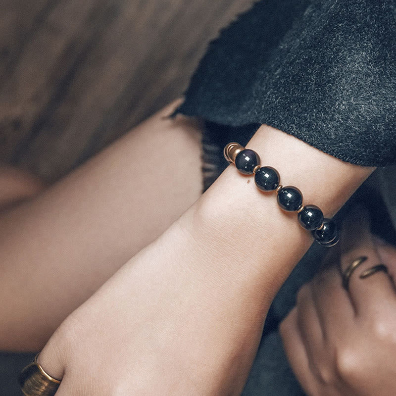 Braccialetto di supporto e guarigione Buddha Stones, pietra lavica, ossidiana arcobaleno e ottone. - image 17