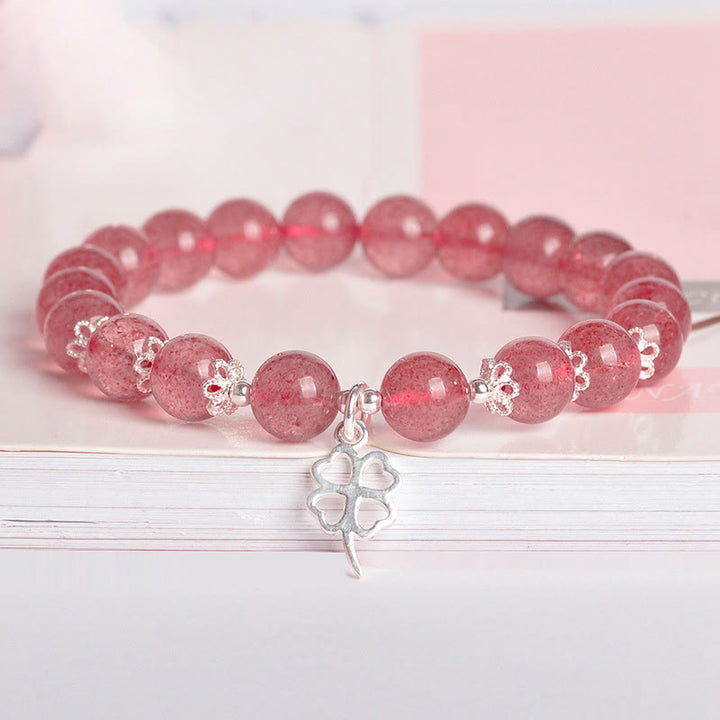 Bracciale Buddha Stones in argento sterling 925 con quarzo fragola e quadrifoglio, amore