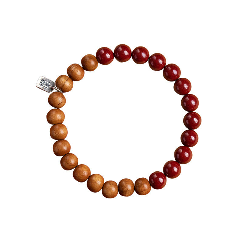 Bracciale Buddha Stones in argento sterling 925, legno di pesca, cinabro, allontana gli spiriti maligni