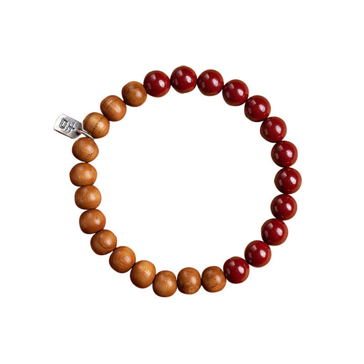 Bracciale Buddha Stones in argento sterling 925, legno di pesca, cinabro, allontana gli spiriti maligni