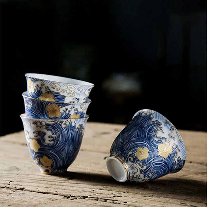 Tazze da tè in ceramica con onde del mare e dell'oceano vintage Buddha Stones