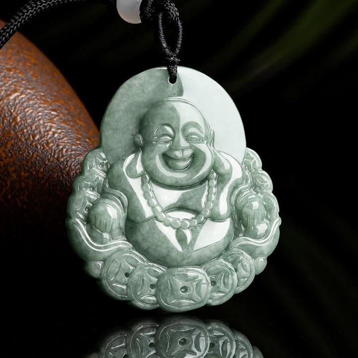 Buddha Stones Buddha che ride Collana con ciondolo in giada naturale con moneta di rame e abbondanza