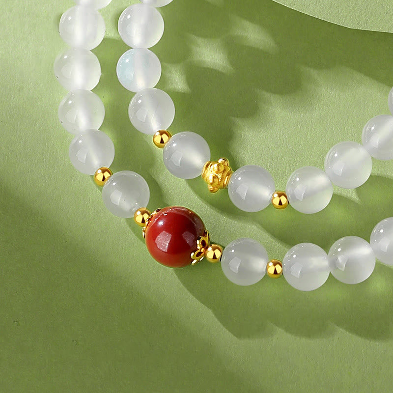 Braccialetto di protezione a doppio giro Buddha Stones in argento sterling 925 con agata bianca naturale e cinabro