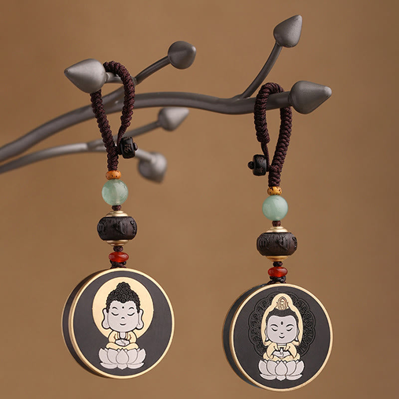 Buddha Stones Legno di ebano Palissandro Buddha Avalokitesvara Om Mani Padme Hum Equilibrio Decorazione della catena chiave dell'auto