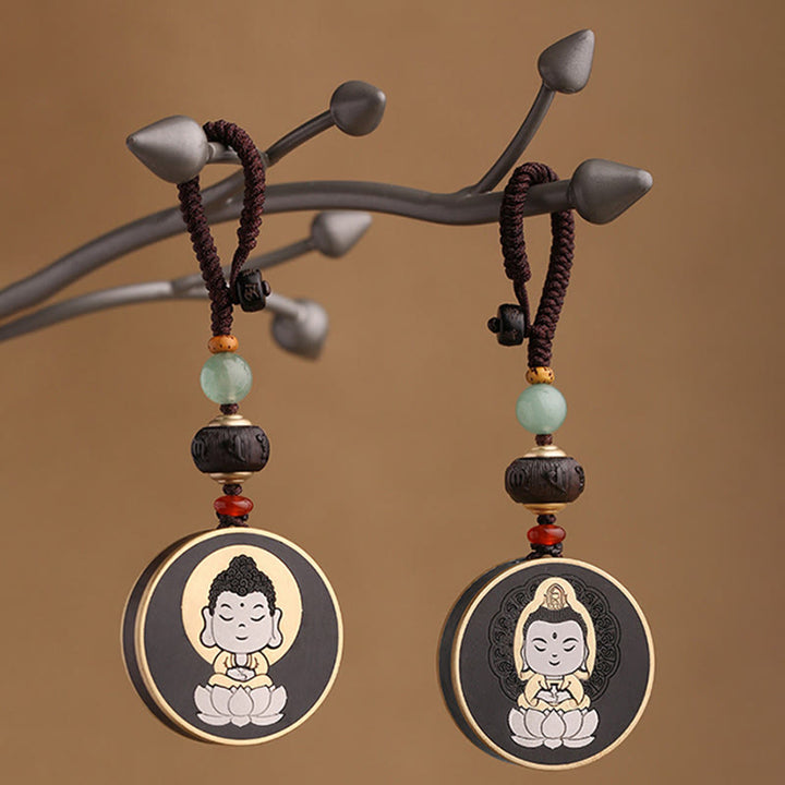 Buddha Stones Legno di ebano Palissandro Buddha Avalokitesvara Om Mani Padme Hum Equilibrio Decorazione della catena chiave dell'auto