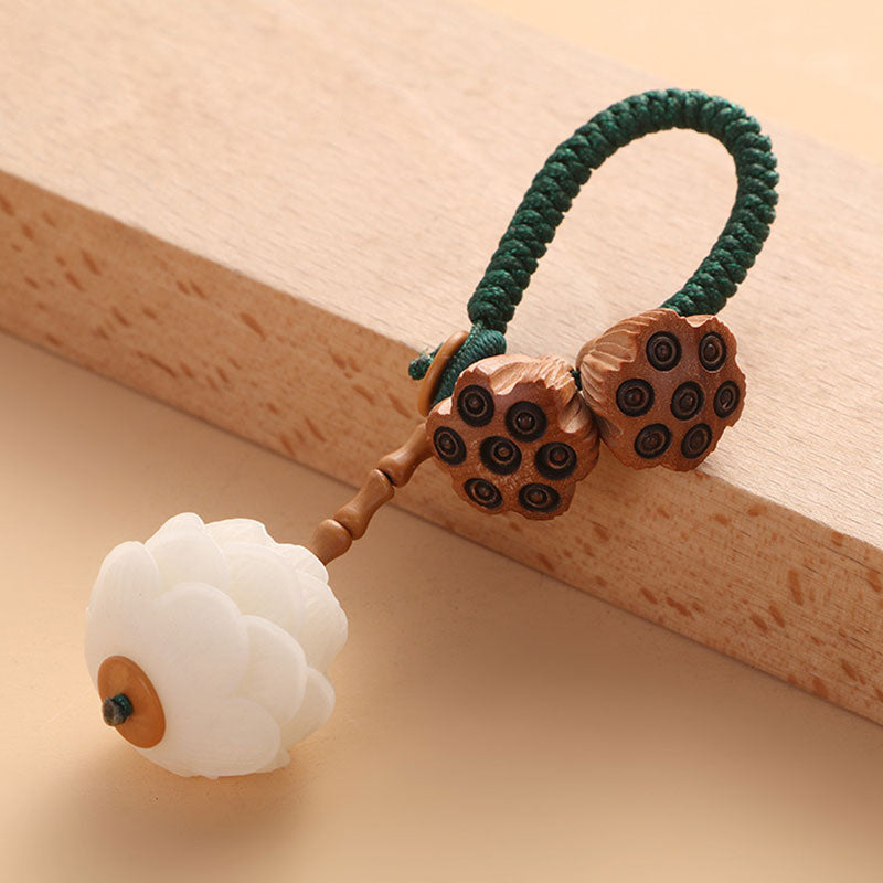 Buddha Stones Loto Naturale Bianco Bodhi Seme Legno di Pesca Fortuna Portachiavi Decorazione