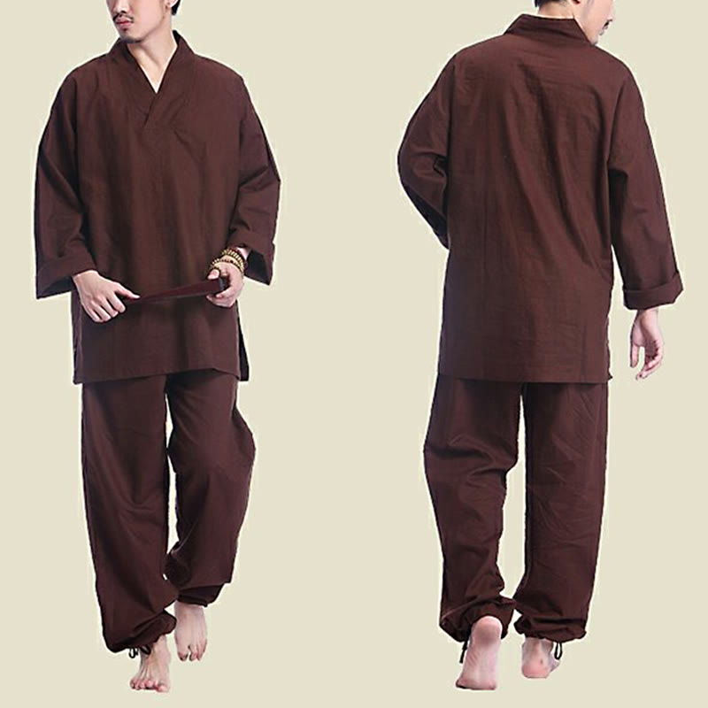 Set da uomo di abbigliamento yoga Buddha Stones a V, in cotone e lino, per meditazione e preghiera, spirituale e zen