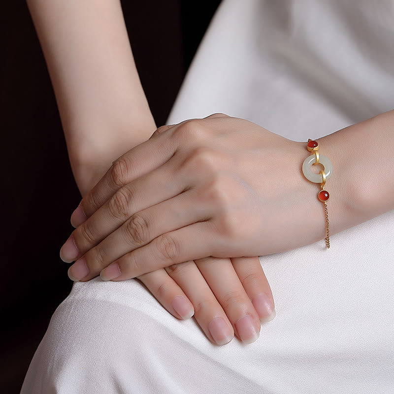 Braccialetto della fortuna in agata rossa con fibbia della pace in giada naturale Hetian, argento Buddha Stones 925 placcato oro