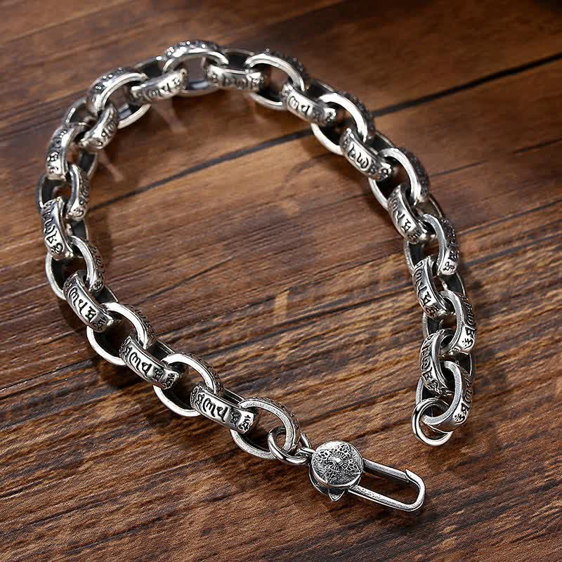 Braccialetto con scritta "Buddha Stones" in argento sterling 925 con incisione Om Mani Padme Hum e simbolo della pace